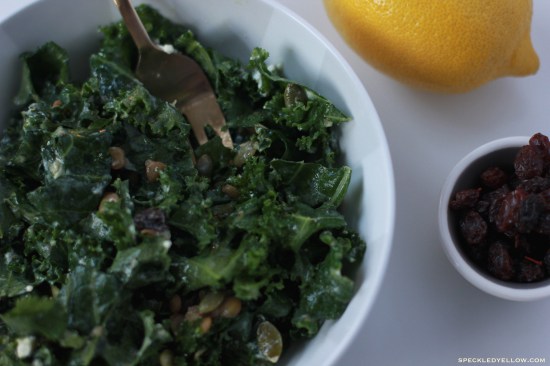 Kale Salad with Goat Cheese, Raisins, and Lentils in a Honey Dijon Dressing 