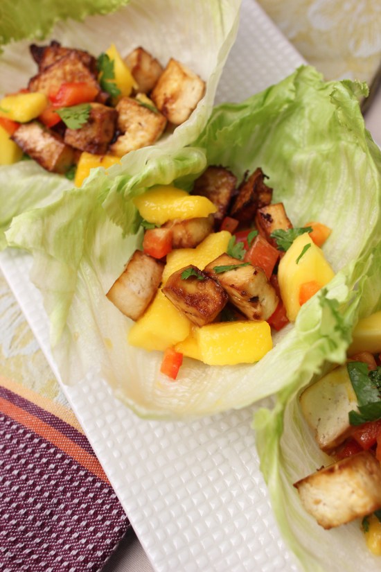 Thai Tofu Lettuce Wraps with Mango Salsa and Peanut Sauce